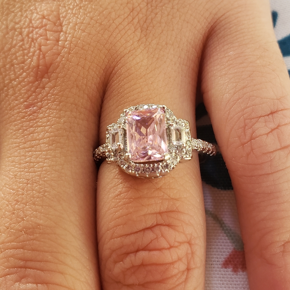 FAIRY TALE 925 BRILLIANT EMERALD-CUT 1.83CT PINK & WHITE TOPAZ QUARTZ RING - Picture 11 of 11